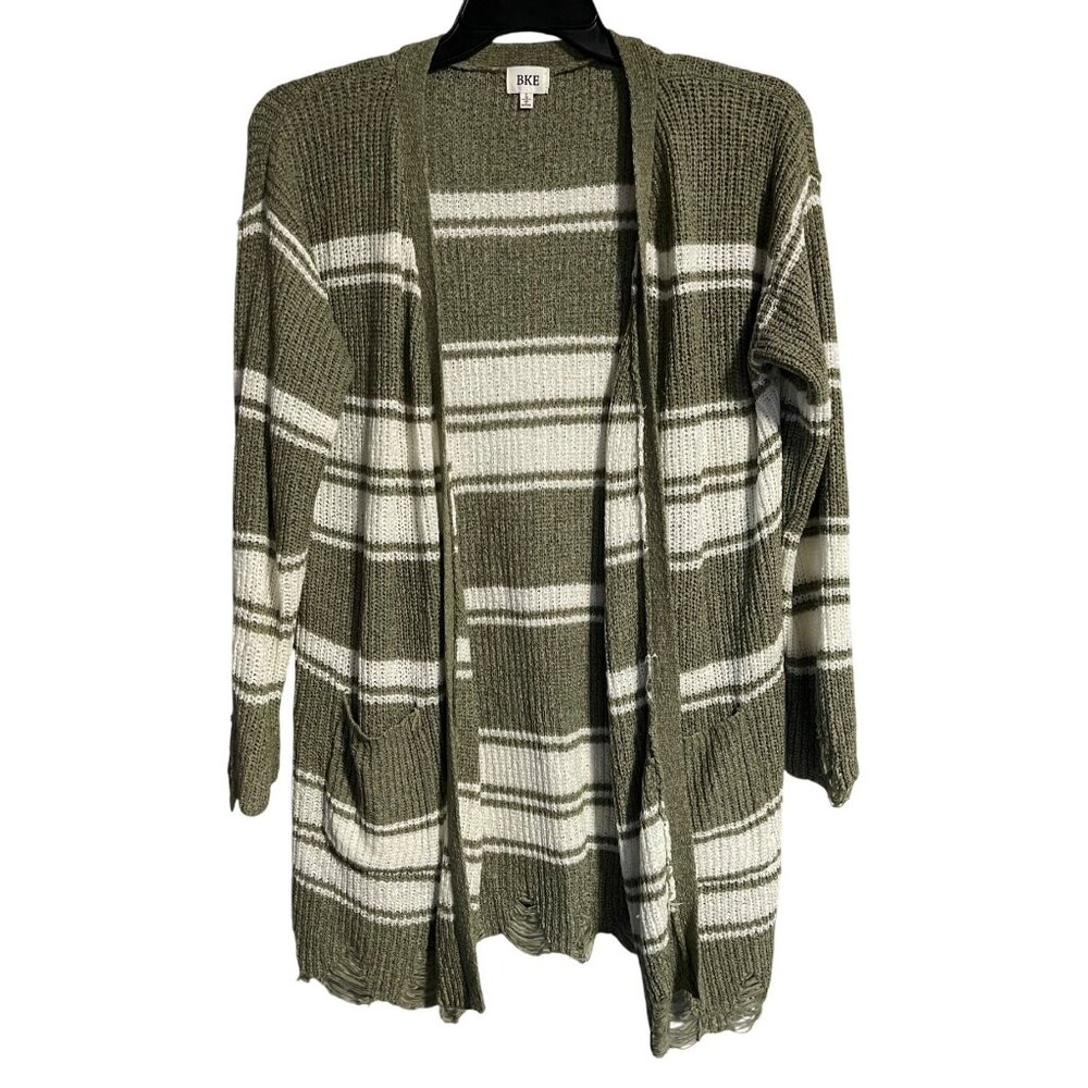 BKE Womens Striped Knit Cardigan Sweater Olive & White Distressed Hem Size L